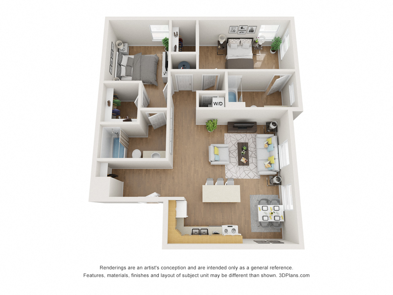 a stylized view of a 1 bedroom floor plan with a kitchen and living room